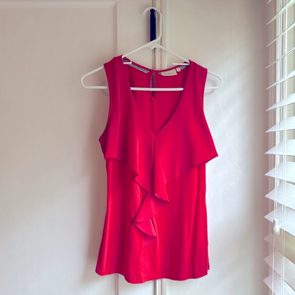 Coral orange blouse cotton with silky ruffle. Size M.